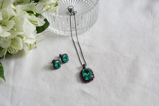 Aqua & Ruby Stone AD Pendant Set (4-9500)(L)(From Turkey)