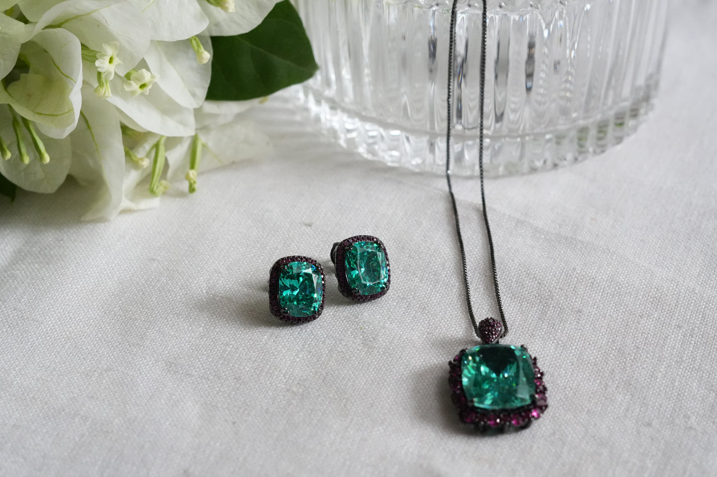 Aqua & Ruby Stone AD Pendant Set (4-9500)(L)(From Turkey)