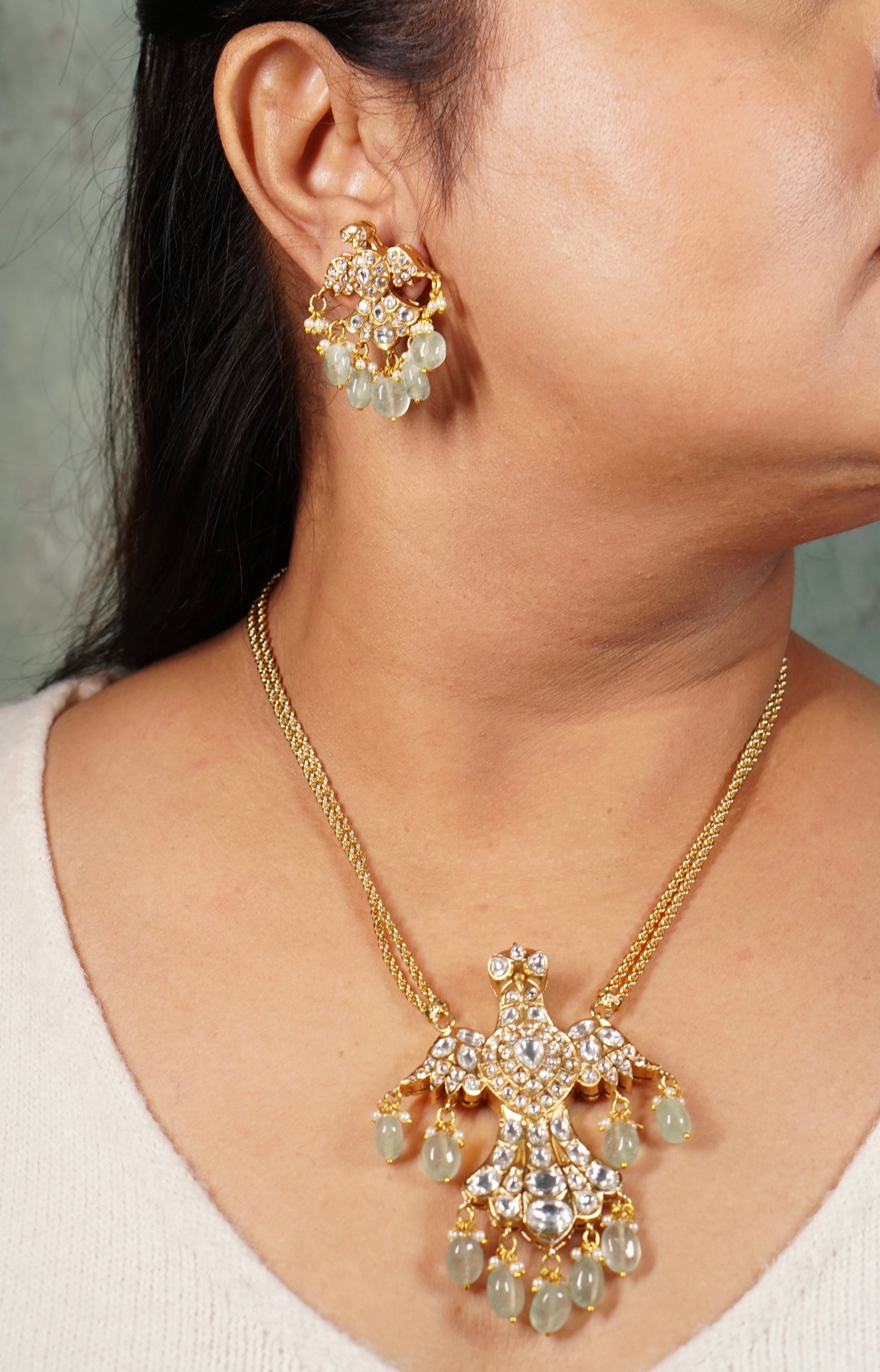 Polki bird Pendant set (4-8720)(B) - JEWELSTYLE