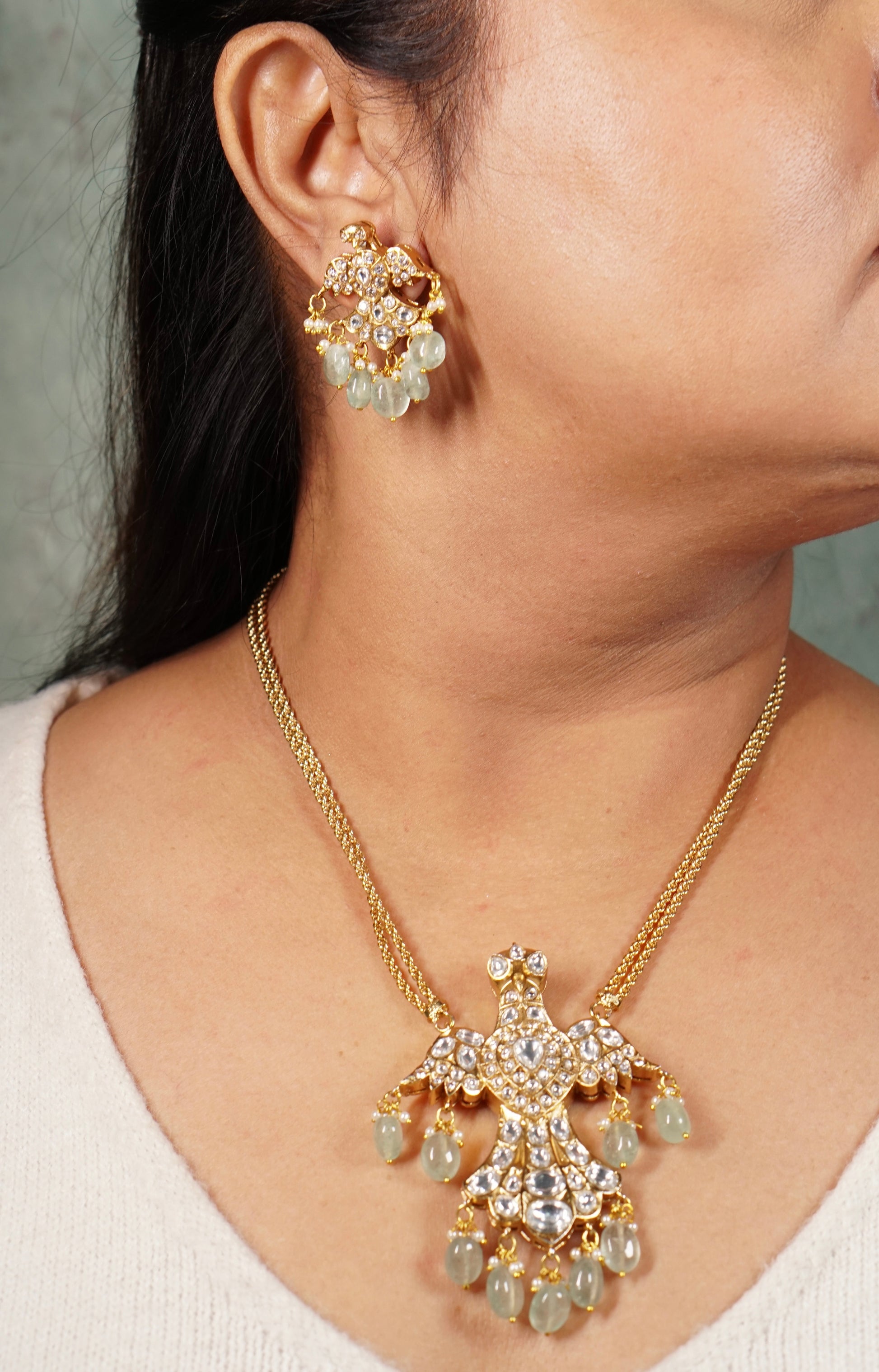 Polki bird Pendant set (4-8720)(B) - JEWELSTYLE