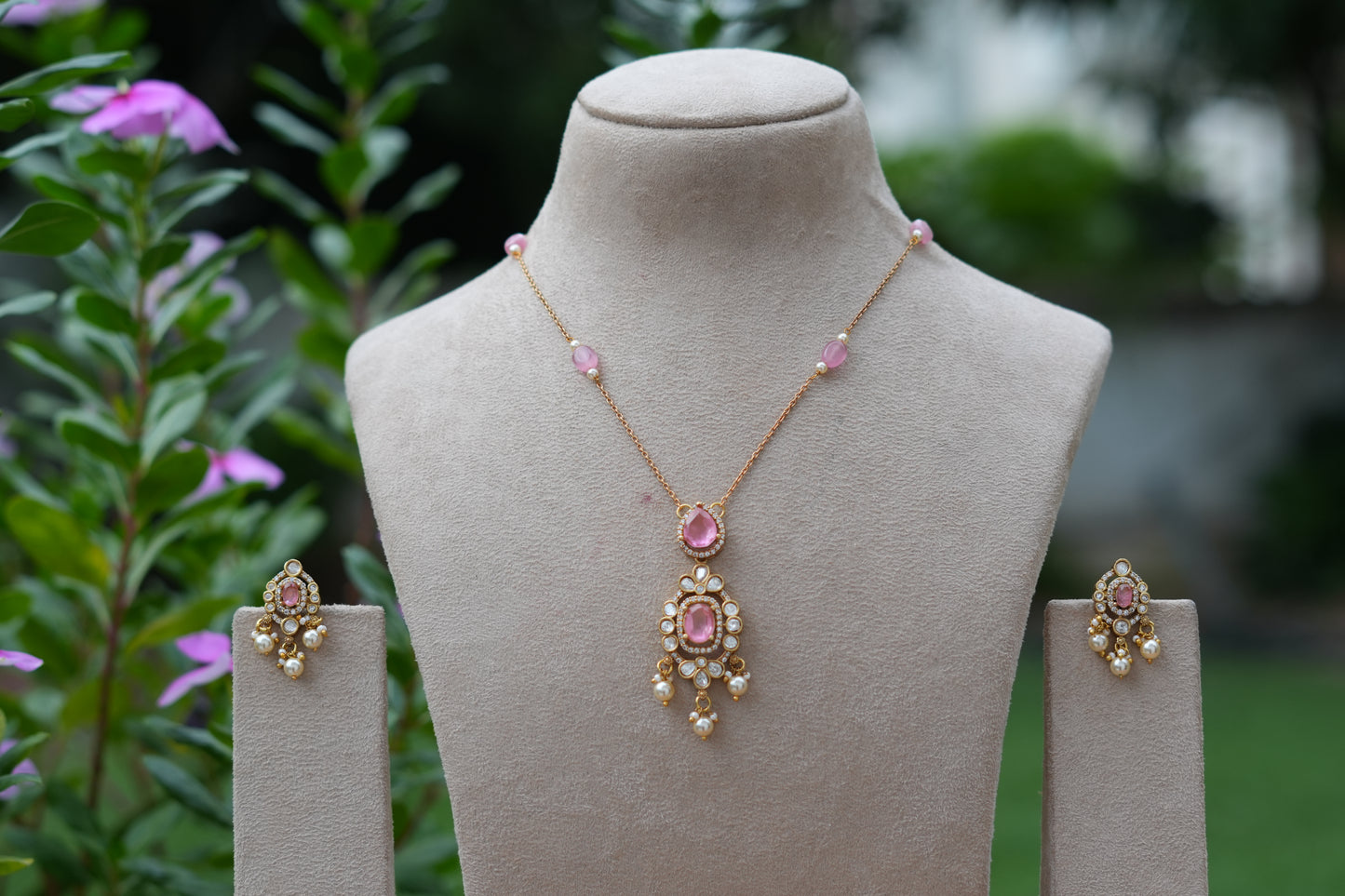 Pink Stone Polki Pendant Set (4-9542)(B)