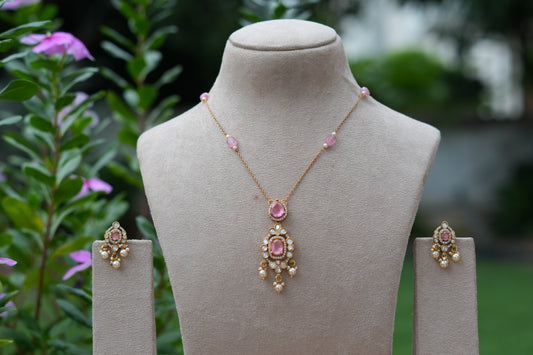 Pink Stone Polki Pendant Set (4-9542)(B)