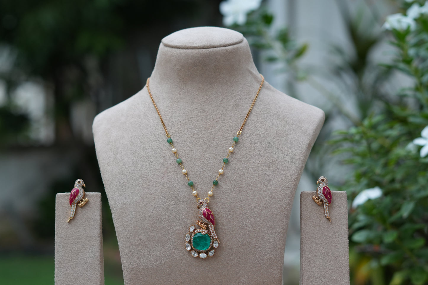 Pink & Green Stone Polki Pendant Set (4-9544)(B)