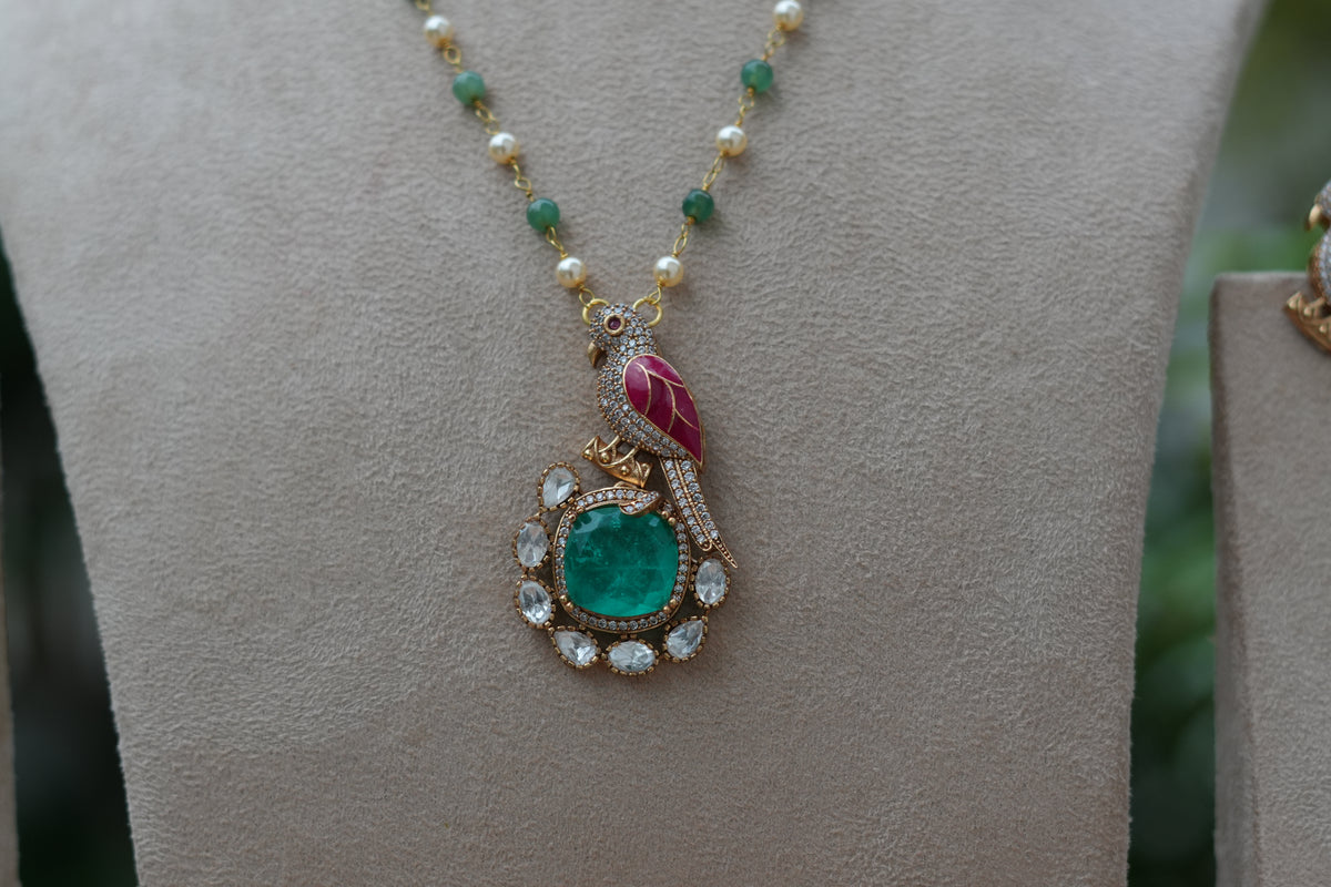 Pink & Green Stone Polki Pendant Set (4-9544)(B)