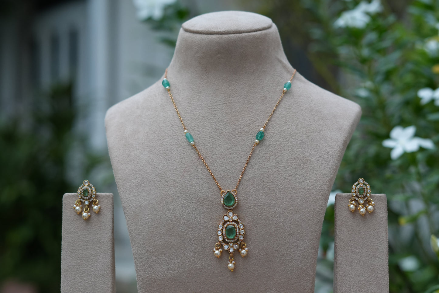 Light Green Stone Polki Pendant Set (4-9541)(B)
