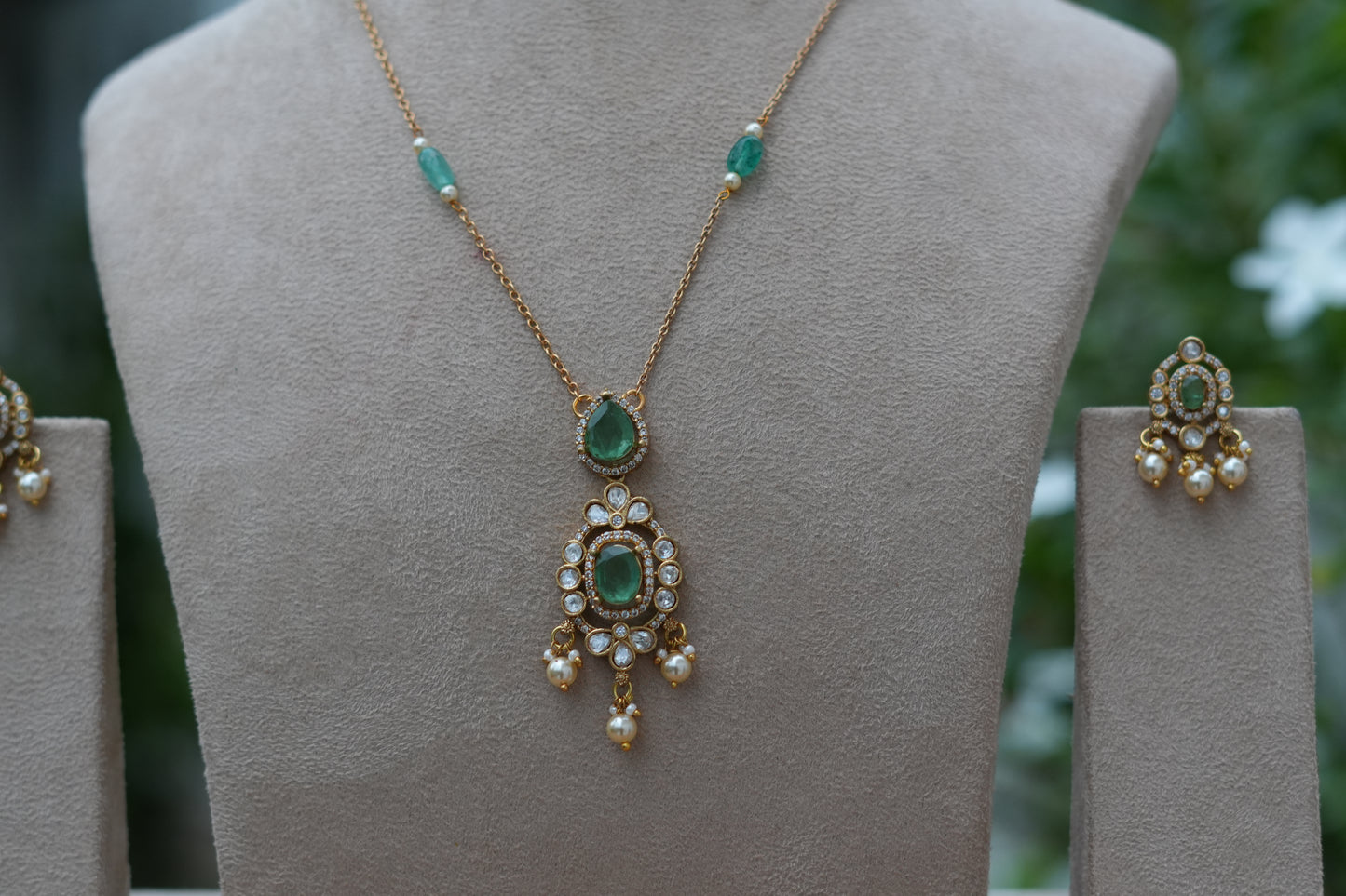 Light Green Stone Polki Pendant Set (4-9541)(B)