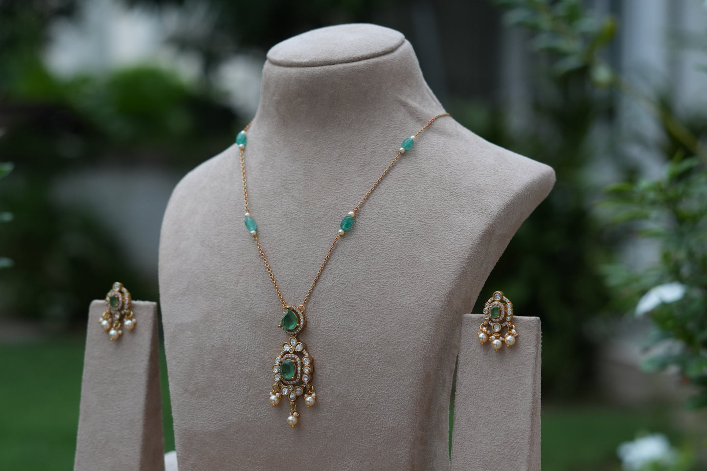 Light Green Stone Polki Pendant Set (4-9541)(B)