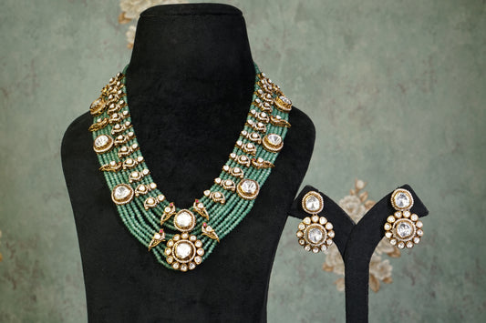 Green beads Polki Necklace set(4-9374)(B)
