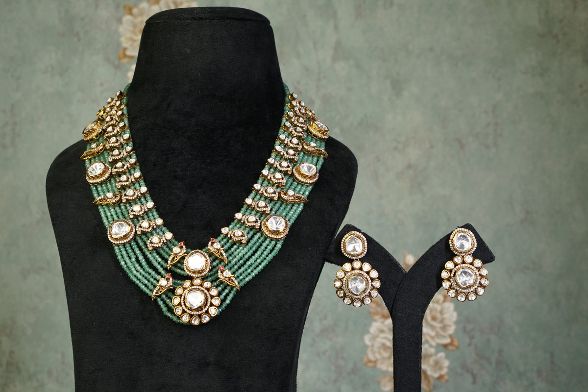 Green beads Polki Necklace set(4-9374)(B)