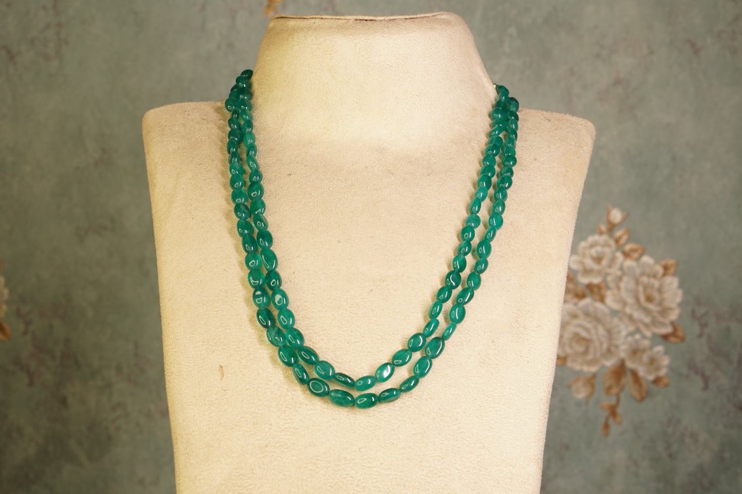 2 Line Green Beads Necklace  (4-9444)(F)