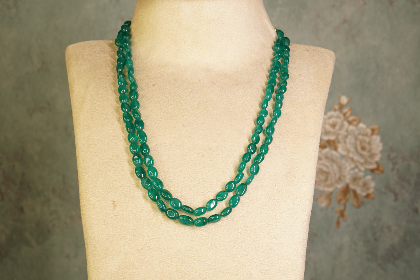 2 Line Green Beads Necklace  (4-9444)(F)