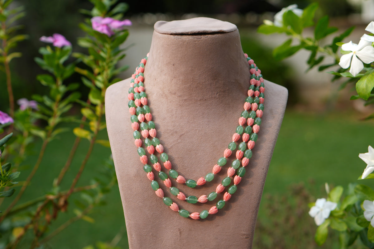 Green n pink beads Necklace  (4-9755)(Ex)