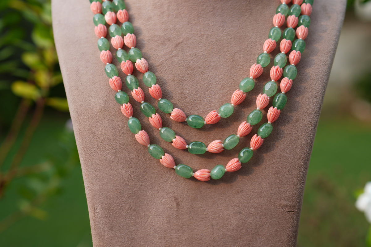 Green n pink beads Necklace  (4-9755)(Ex)