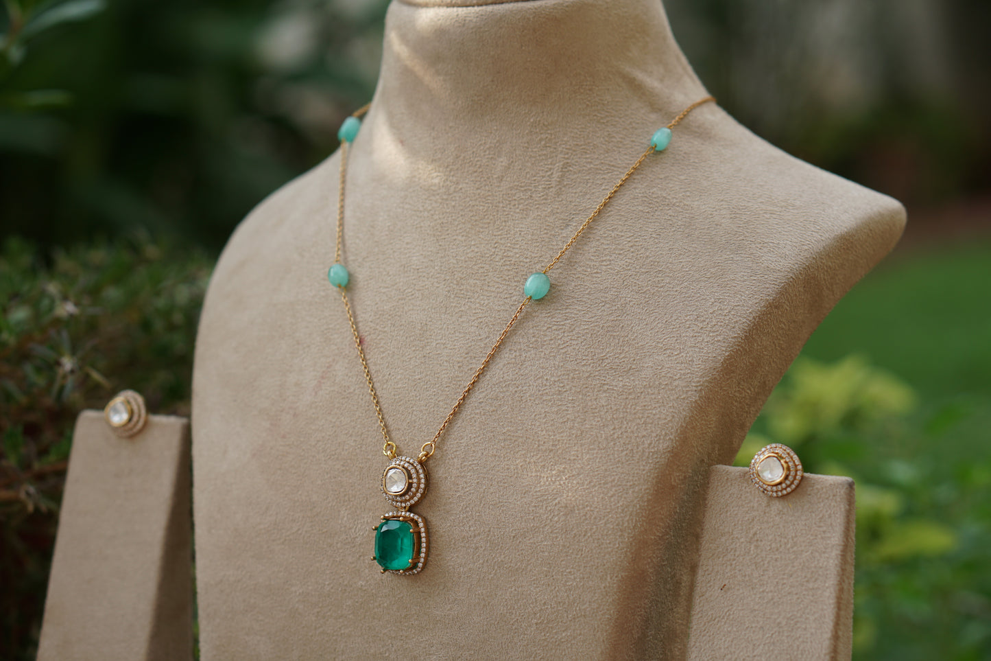 Light Green stone Polki Pendant Set (4-9475)(B)