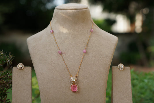 Pink stone Polki Pendant Set (4-9473)(B)