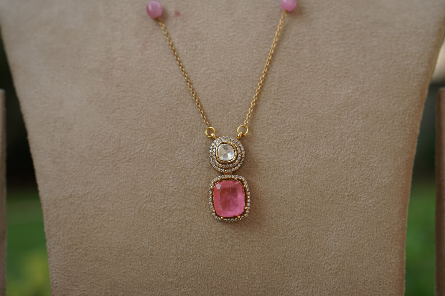 Pink stone Polki Pendant Set (4-9473)(B)