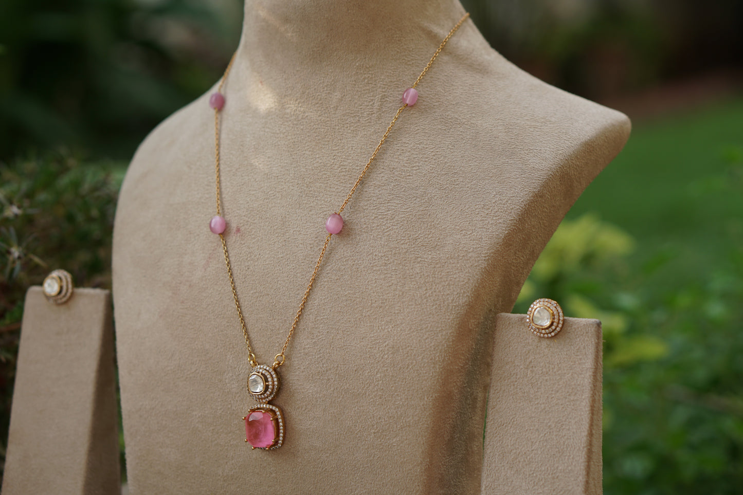 Pink stone Polki Pendant Set (4-9473)(B)