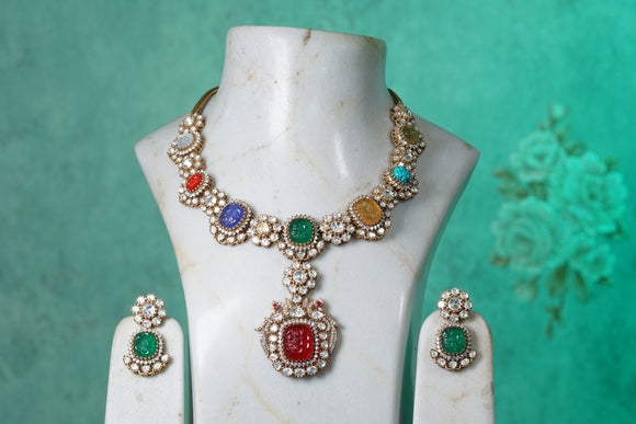 Navratan Polki Necklace Set (4-8361)(B)