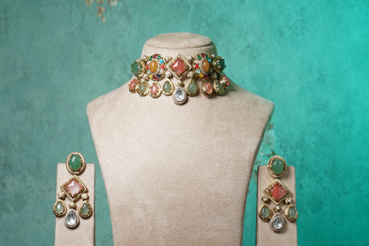 Multi Stone Polki Choker set (4-8749)(B) - JEWELSTYLE