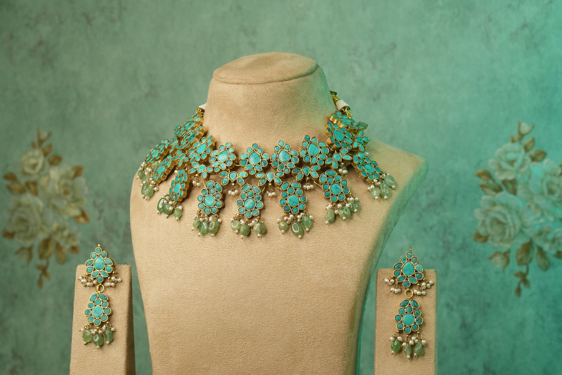 Turquoise Stone Kundan  necklace Set (4-8868)(A) - JEWELSTYLE