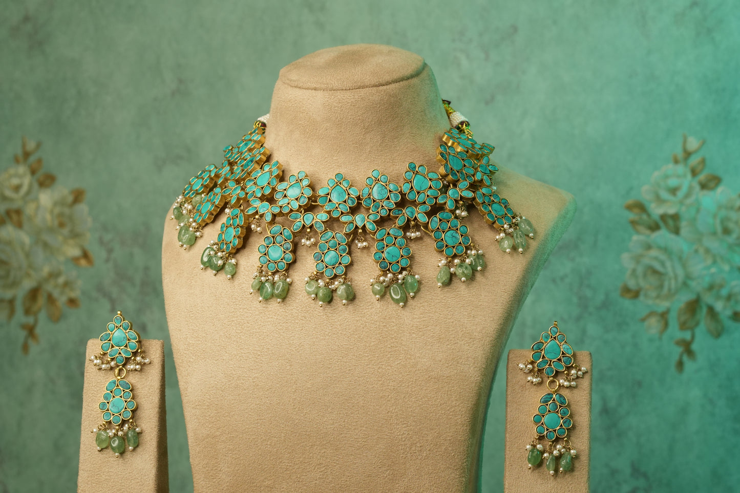 Turquoise Stone Kundan  necklace Set (4-8868)(A) - JEWELSTYLE