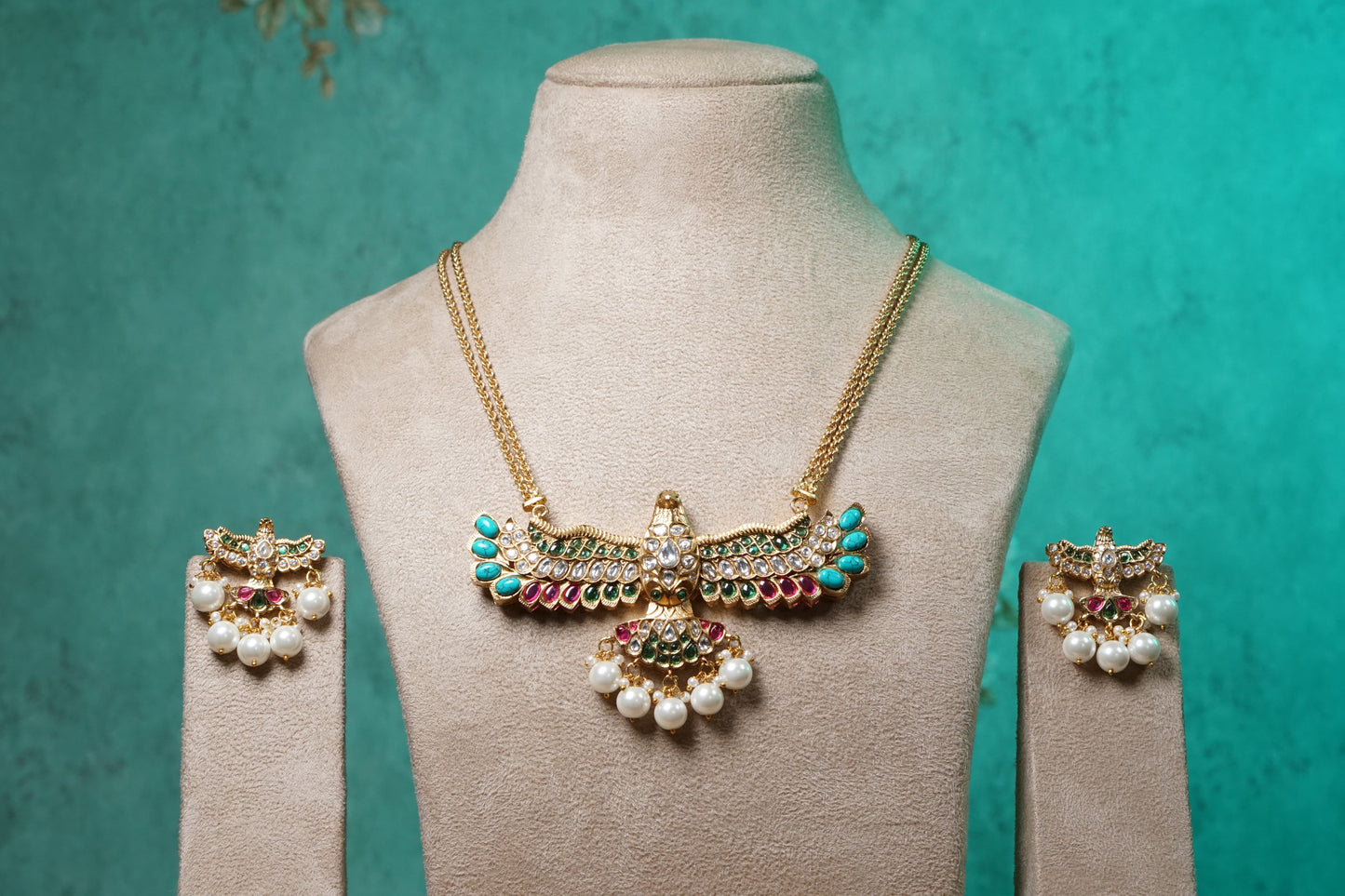 Polki bird Pendant set (4-8743)(B) - JEWELSTYLE