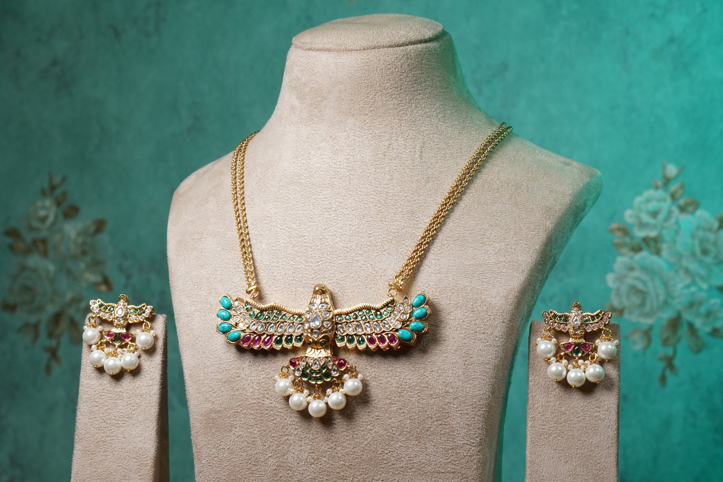 Polki bird Pendant set (4-8743)(B) - JEWELSTYLE