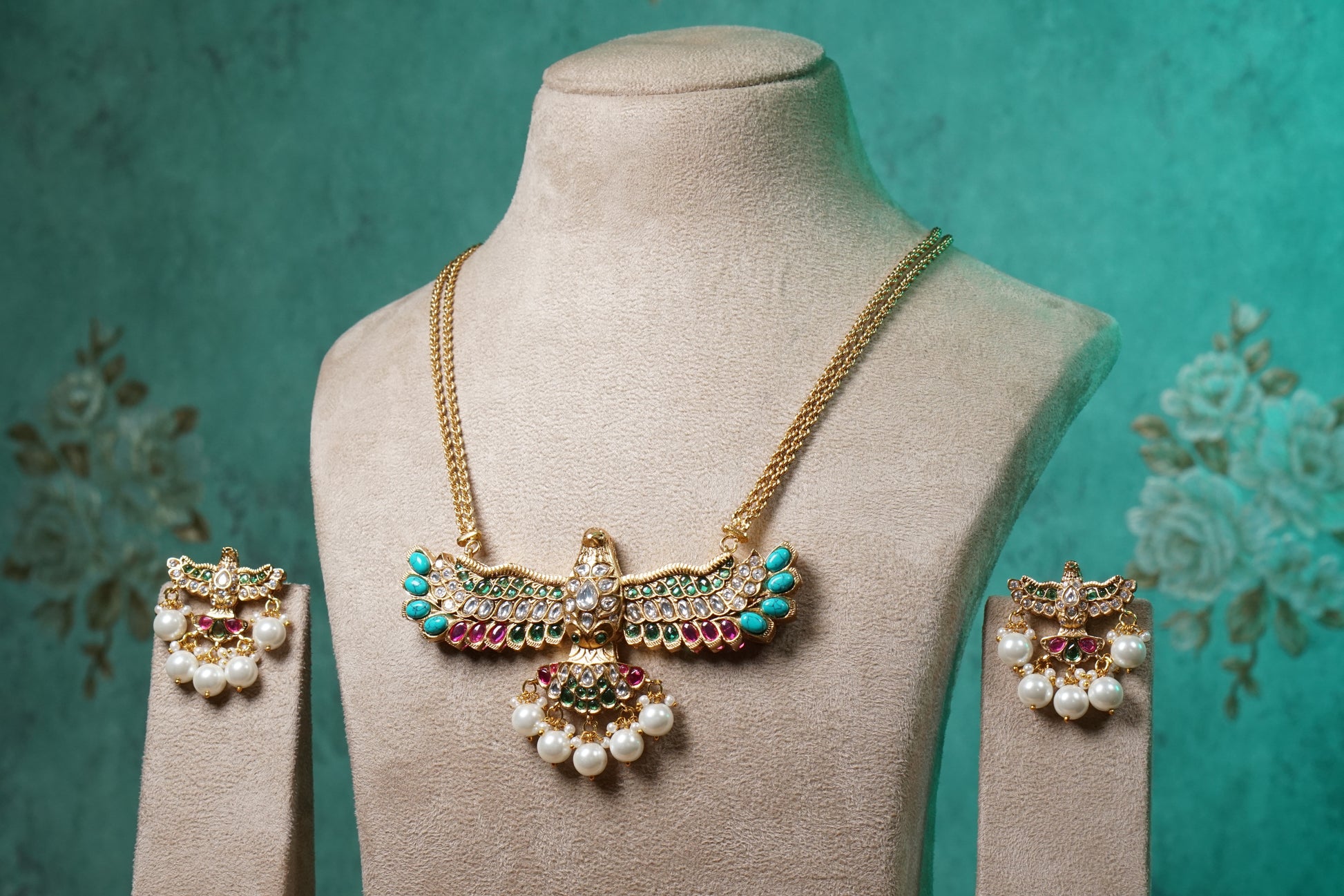 Polki bird Pendant set (4-8743)(B) - JEWELSTYLE