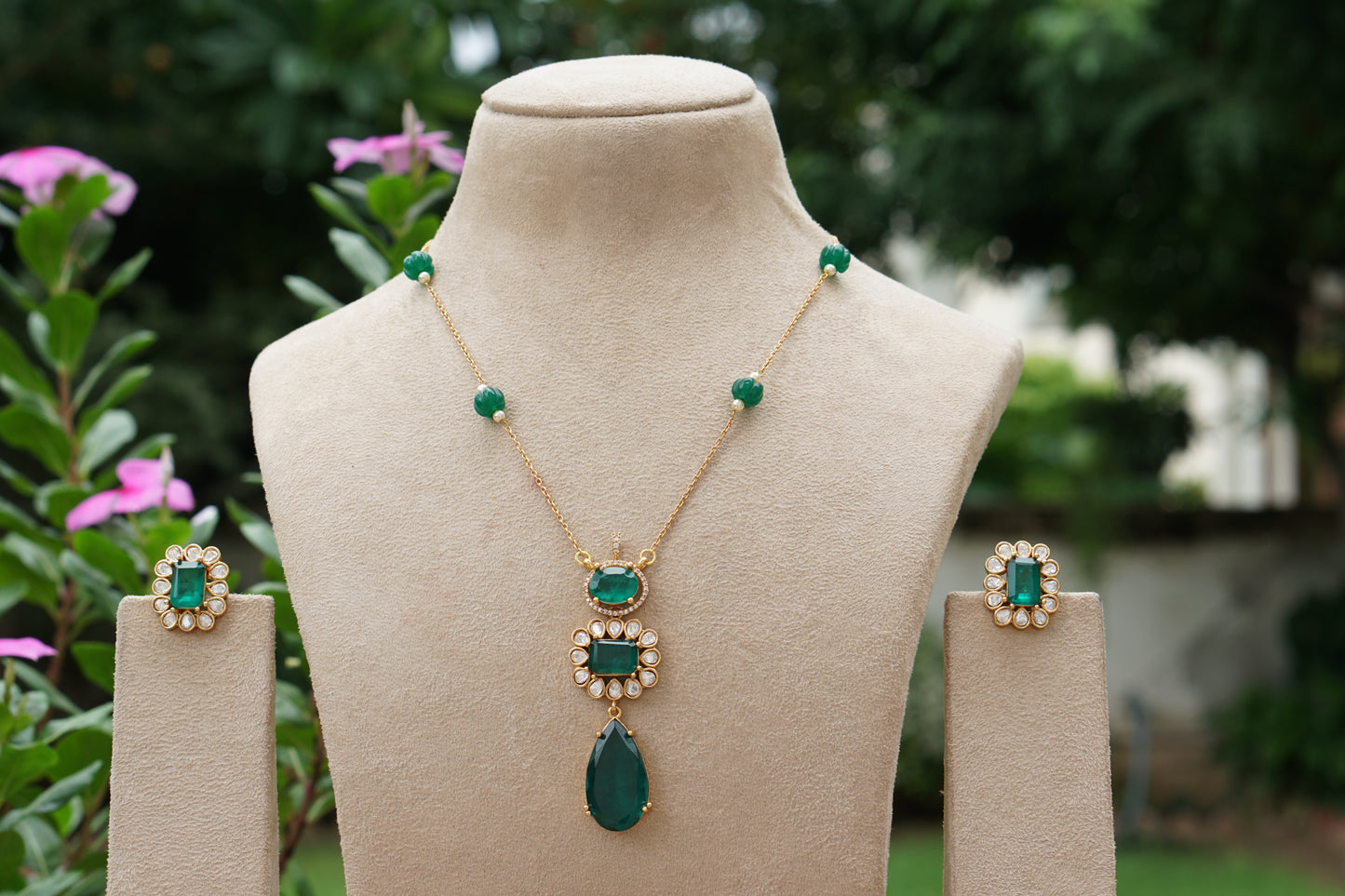Green doublet Stone Polki Pendant Set (4-9481)(B)