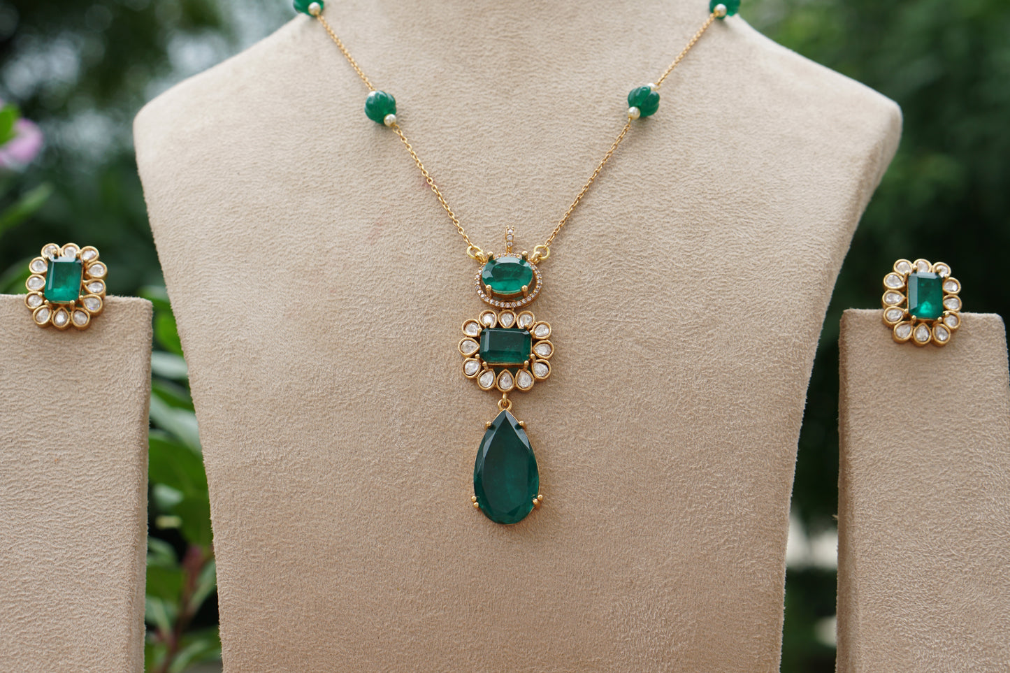 Green doublet Stone Polki Pendant Set (4-9481)(B)