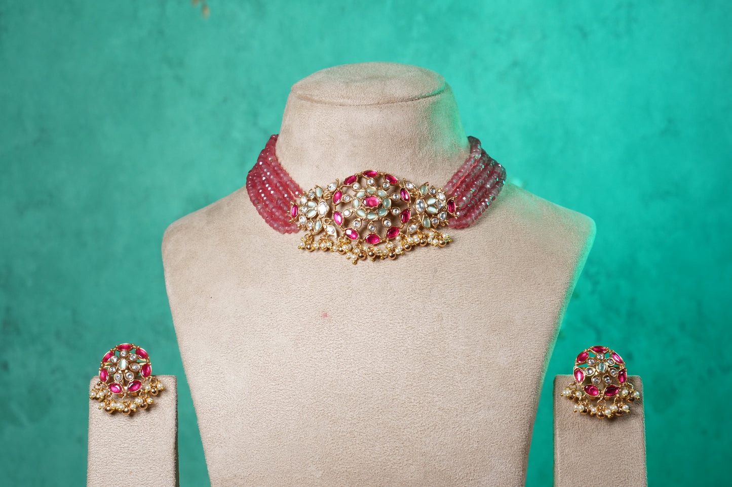 Ruby, White & Mint Stone Polki Choker Set (4-9529)(NEM)