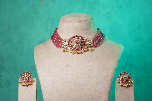 Ruby, White & Mint Stone Polki Choker Set (4-9529)(NEM)