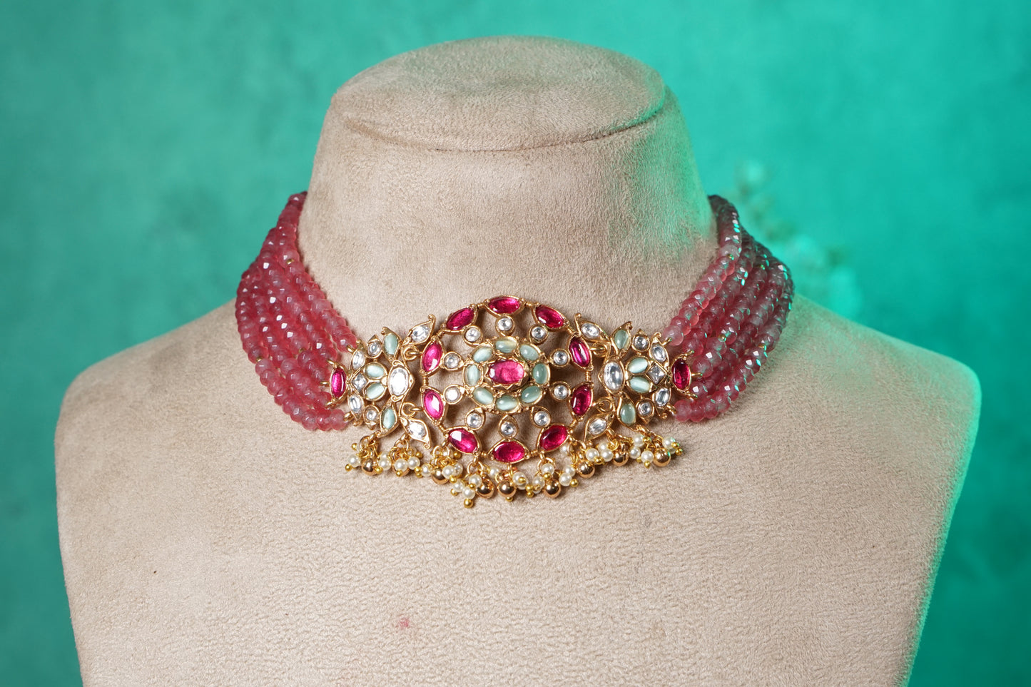 Ruby, White & Mint Stone Polki Choker Set (4-9529)(NEM)