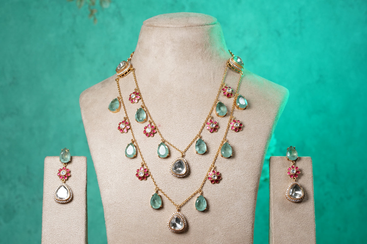 Mint Stone Polki Necklace Set (4-9526)(NEM)