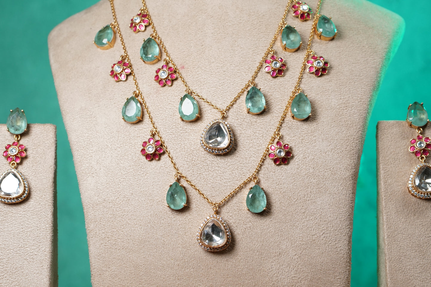 Mint Stone Polki Necklace Set (4-9526)(NEM)