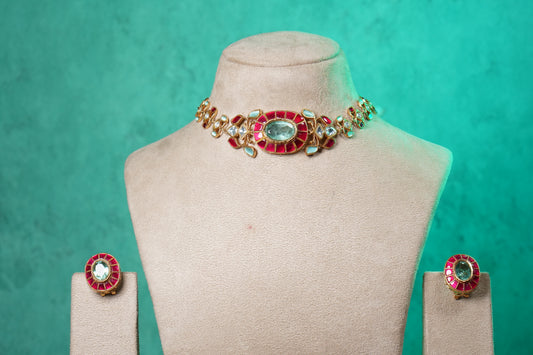 Ruby & Mint Stone Polki Choker Set (4-9528)(NEM)