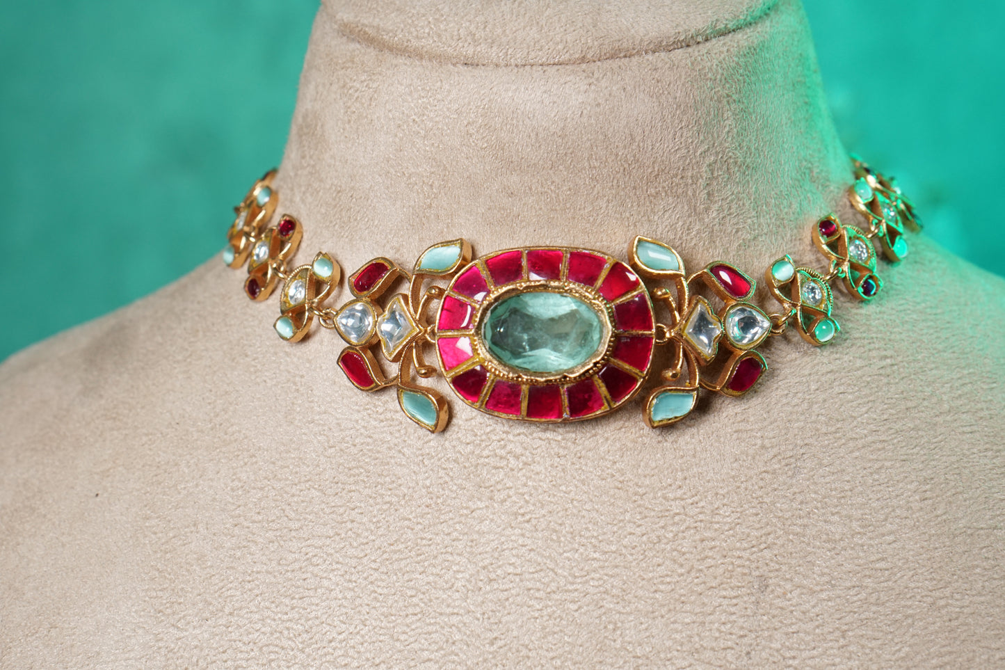 Ruby & Mint Stone Polki Choker Set (4-9528)(NEM)