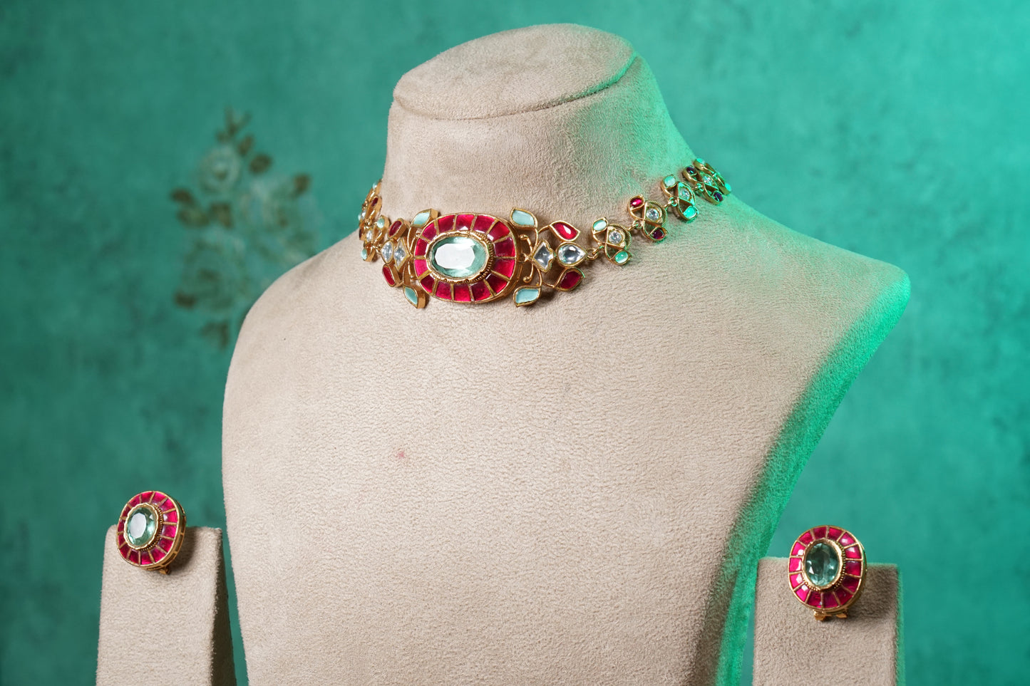Ruby & Mint Stone Polki Choker Set (4-9528)(NEM)