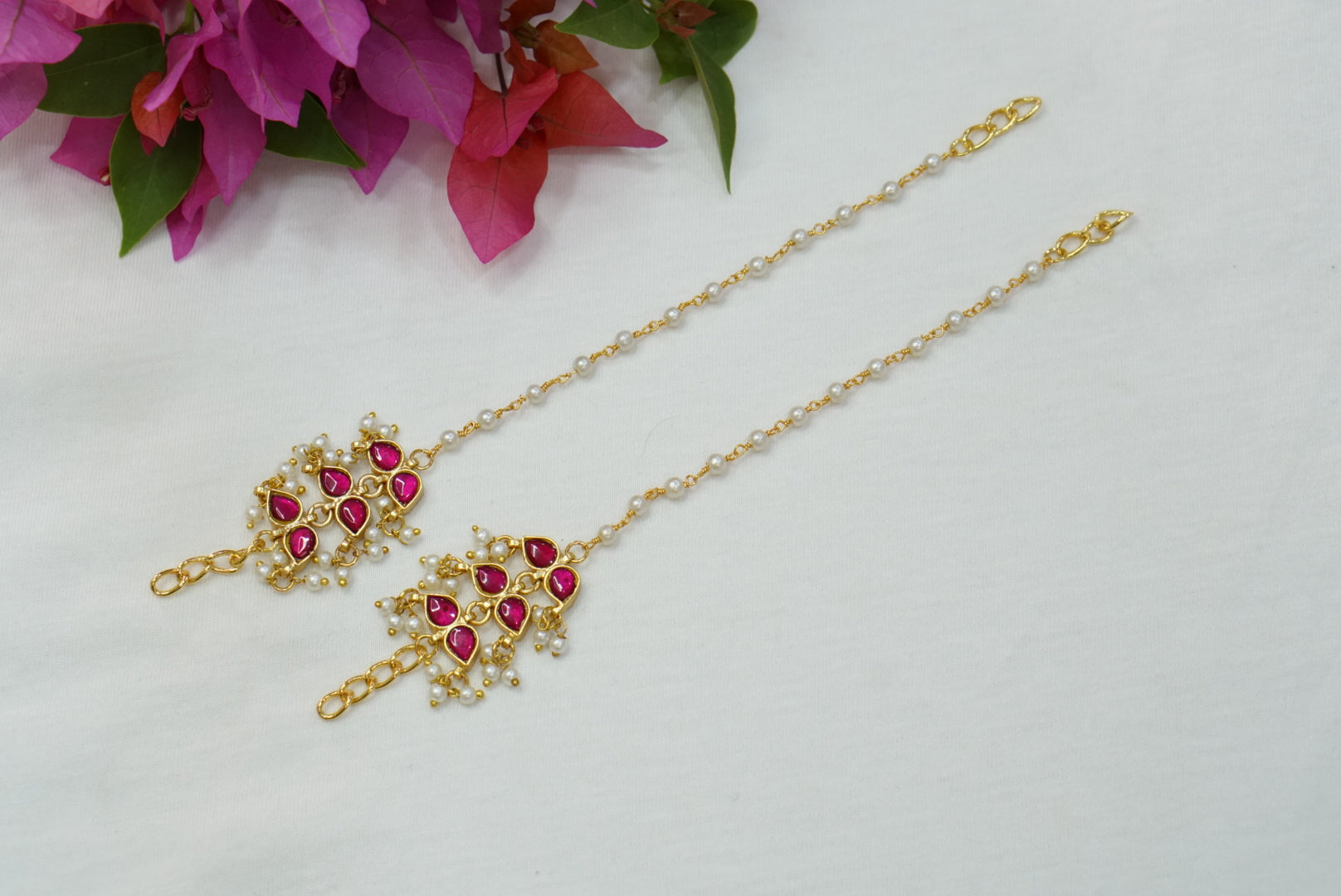 Pink Kundan Ear Chain (9-85)(R) - JEWELSTYLE