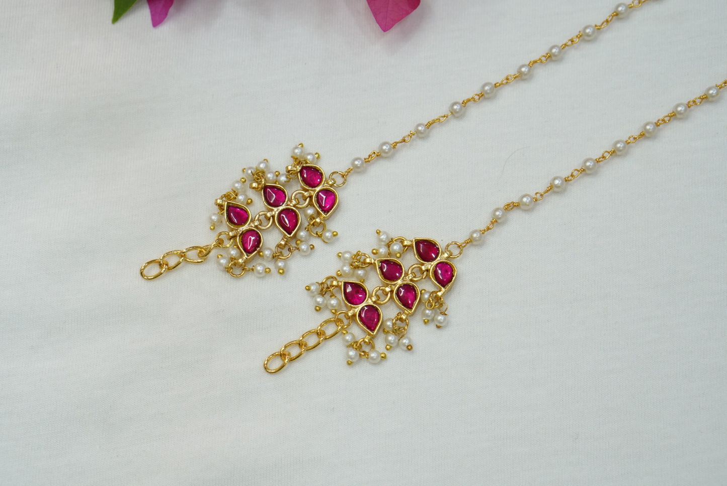 Pink Kundan Ear Chain (9-85)(R) - JEWELSTYLE