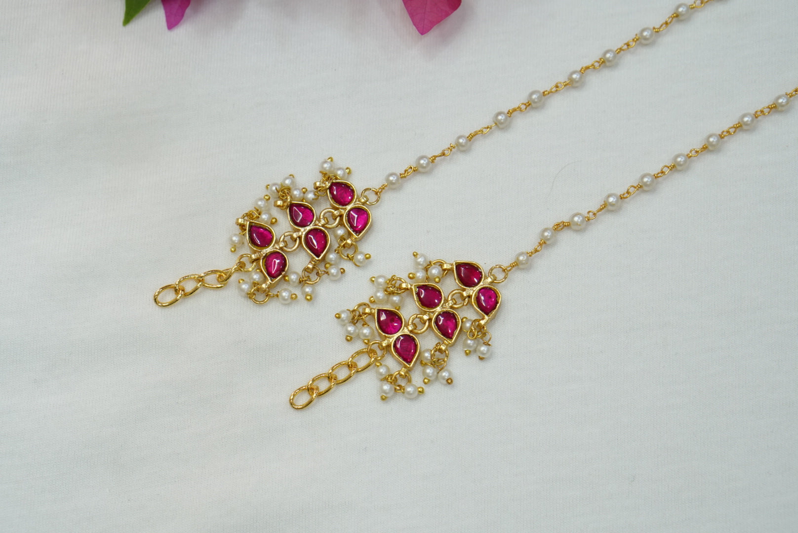 Pink Kundan Ear Chain (9-85)(R) - JEWELSTYLE