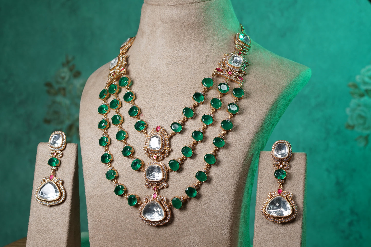 Green Stone Polki Necklace Set (4-9523)(NEM)