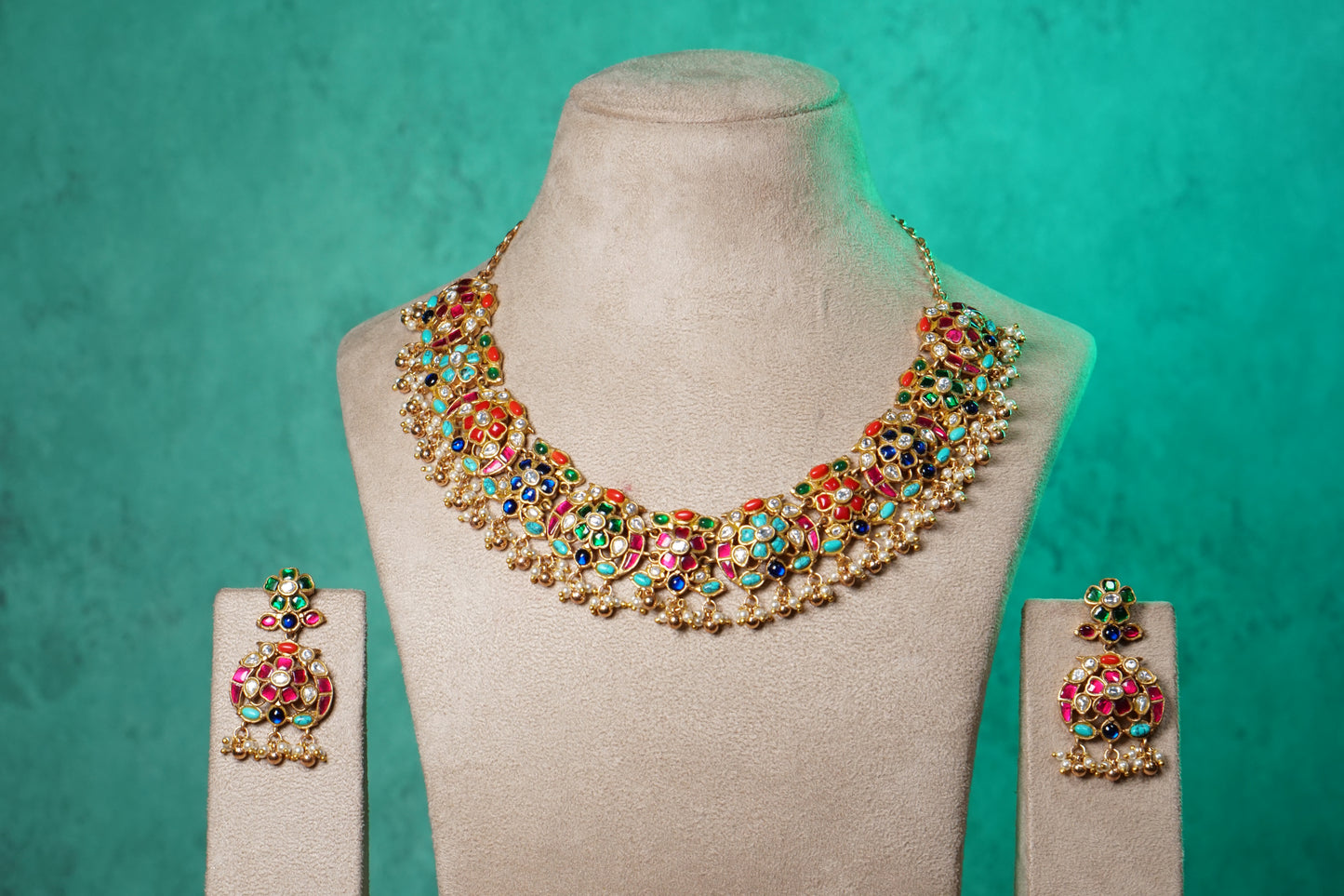 Navratan Stone Polki Necklace Set (4-9527)(NEM)