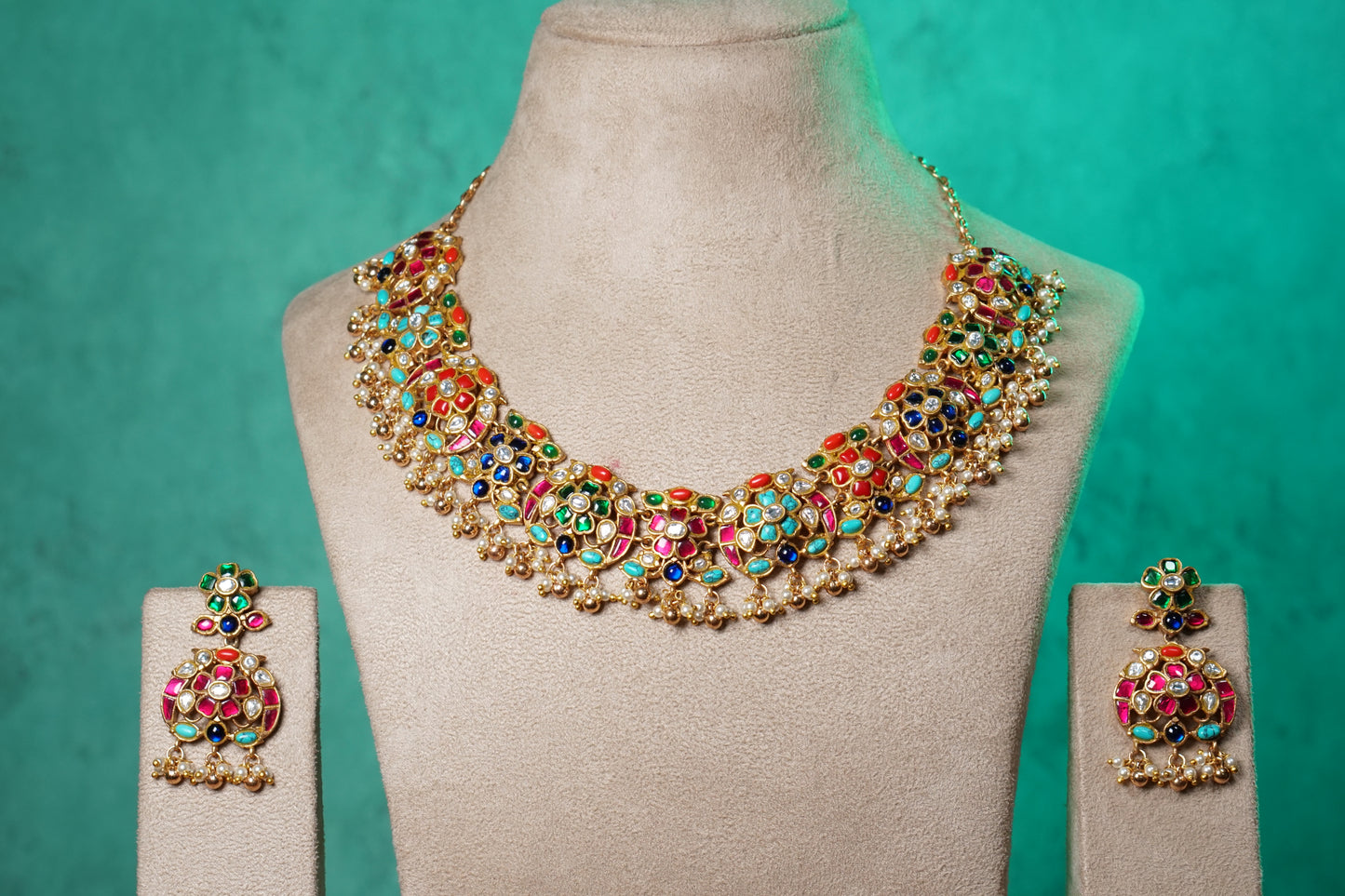 Navratan Stone Polki Necklace Set (4-9527)(NEM)