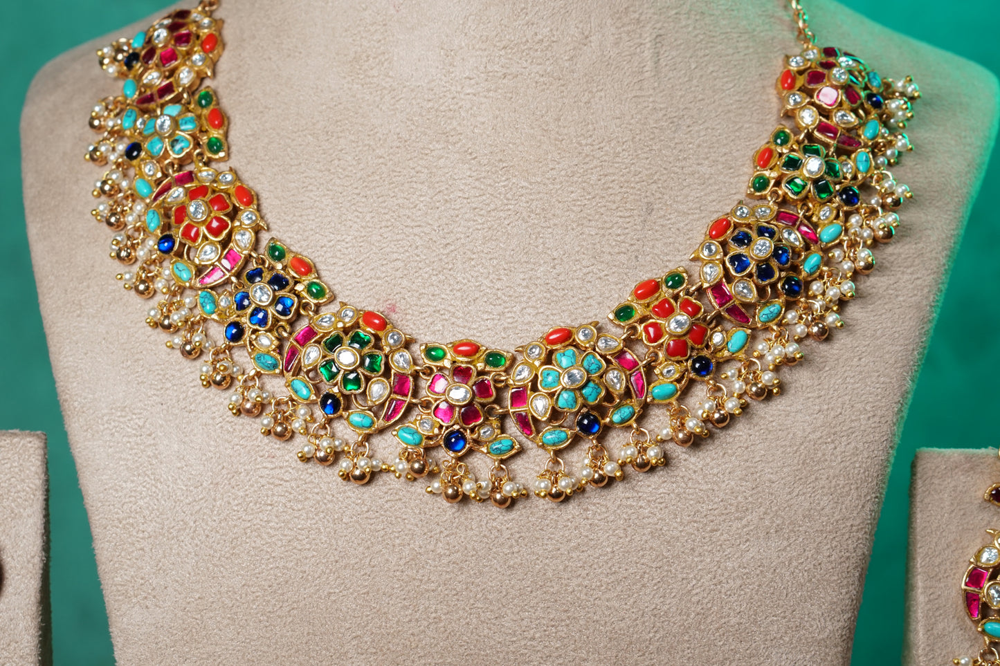 Navratan Stone Polki Necklace Set (4-9527)(NEM)