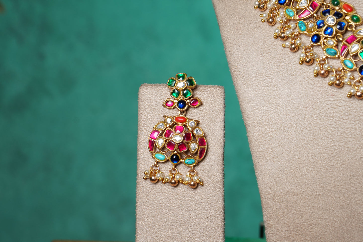 Navratan Stone Polki Necklace Set (4-9527)(NEM)
