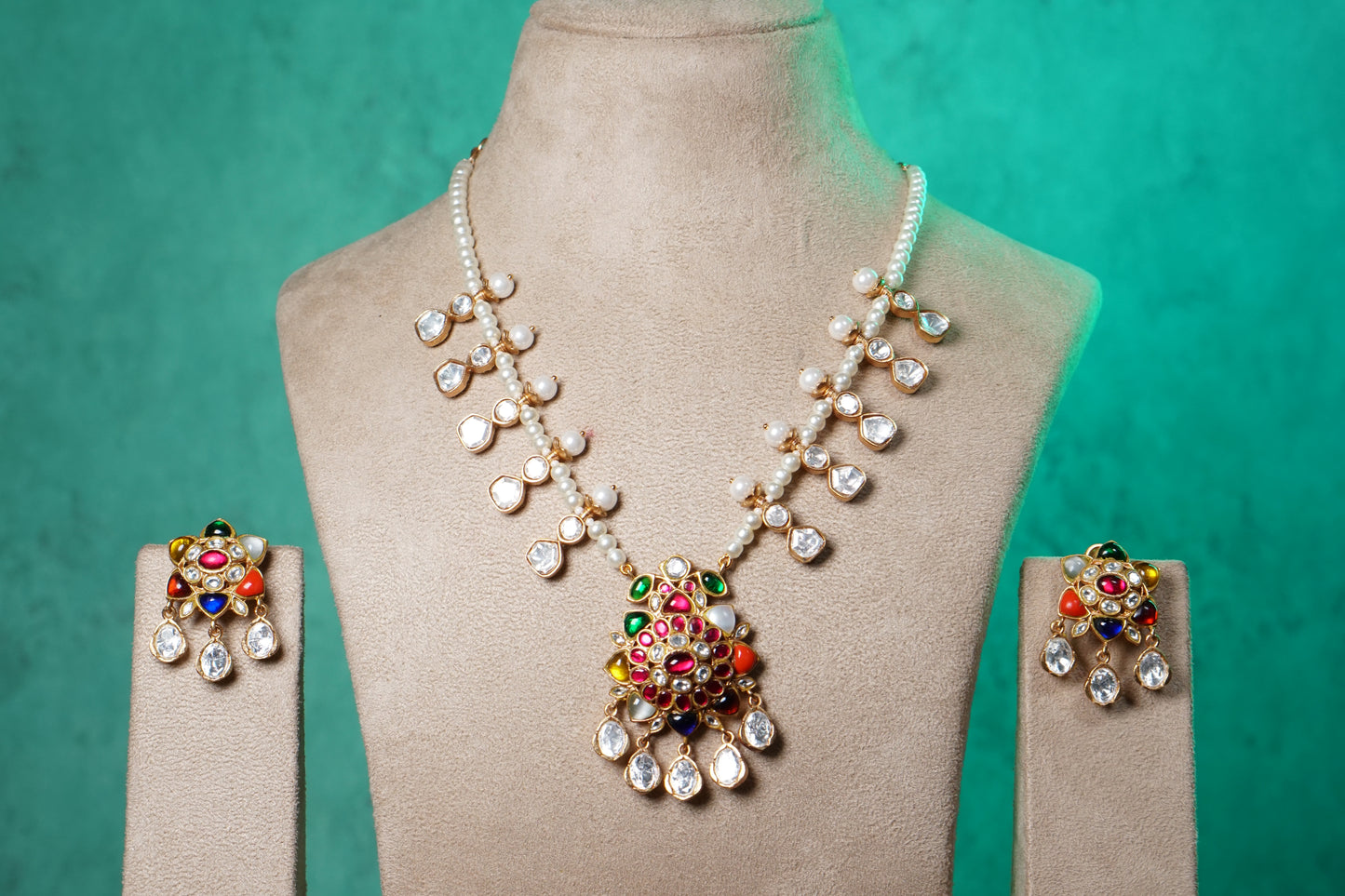Navratan Stone Polki Necklace Set (4-9518)(NEM)