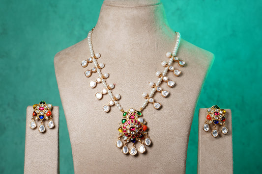 Navratan Stone Polki Necklace Set (4-9518)(NEM)