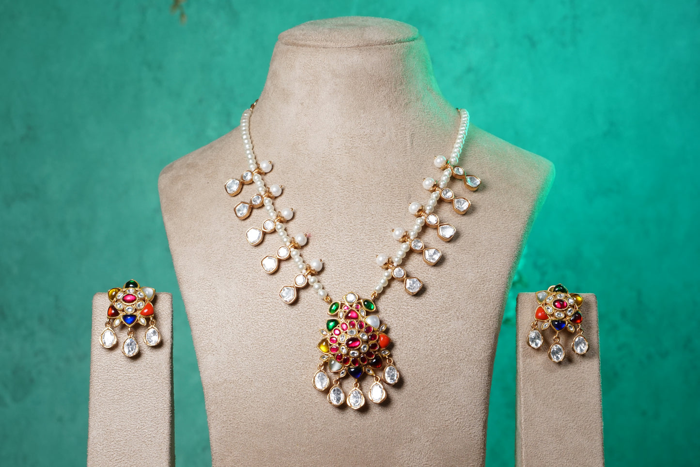 Navratan Stone Polki Necklace Set (4-9518)(NEM)