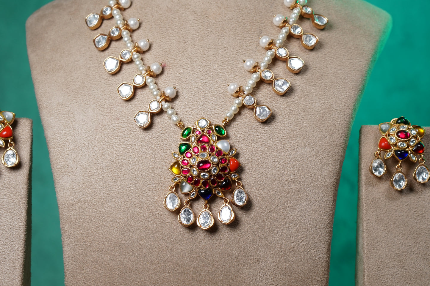 Navratan Stone Polki Necklace Set (4-9518)(NEM)